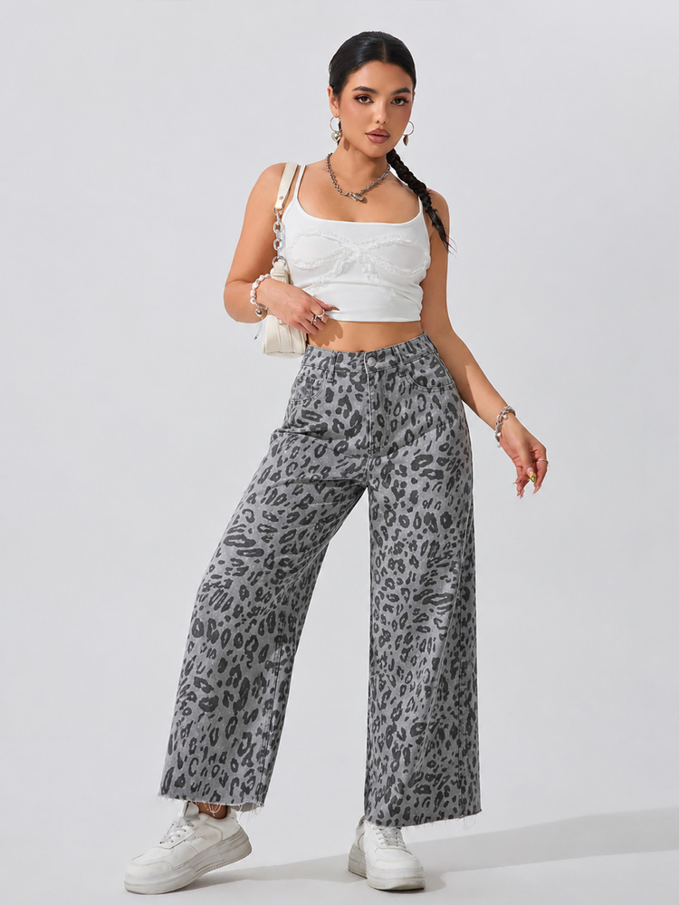 EMERY ROSE Leopard Print Wide Leg Jeans - Multicolor - View 5