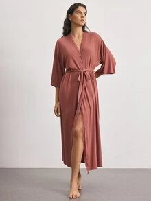 Ocili Lace Trim Belted Lounge Robe - Dusty Pink - View 2