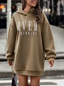 SHEIN Letter Graphic Drop Shoulder Oversize Hooded Sweatshirt Dress - Khaki - View 6