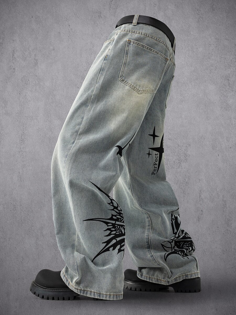 Manfinity Denimwave Plus Letter Graphic Washed Wide Leg Jeans Without Belt - Blue - View 1