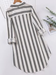 SHEIN LUNE Plus Allover Striped Print Shirt Dress Office Formal Autumn Casual Soft Form Fall - Black and White - View 2
