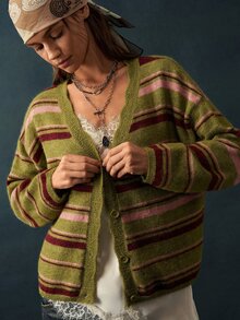 Bohemela Contrast Striped Pattern Drop Shoulder Oversize Cardigan - Green - View 3