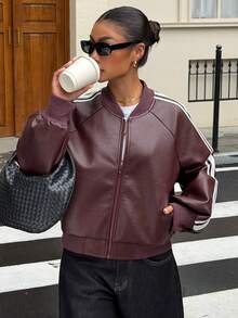 DAZY Contrast Side Seam Raglan Sleeve Bomber Leather Jacket Fall - Burgundy - View 6