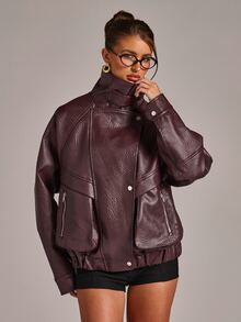 SHEIN BAE Jaket Kulit PU dengan Resleting - Burgundy - View 6