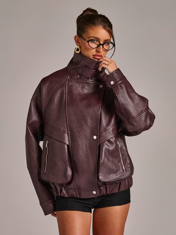 SHEIN BAE 拉鍊式PU皮革夾克 - 酒紅色 - 查看 6