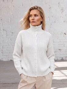 Faunlyn Cardigan Model Bahu Jatuh dengan Kancing Depan, Pakaian Musim Gugur untuk Wanita, Busana Musim Dingin untuk Wanita, Sweater Musim Gugur dan Musim Dingin untuk Wanita - Putih - View 1