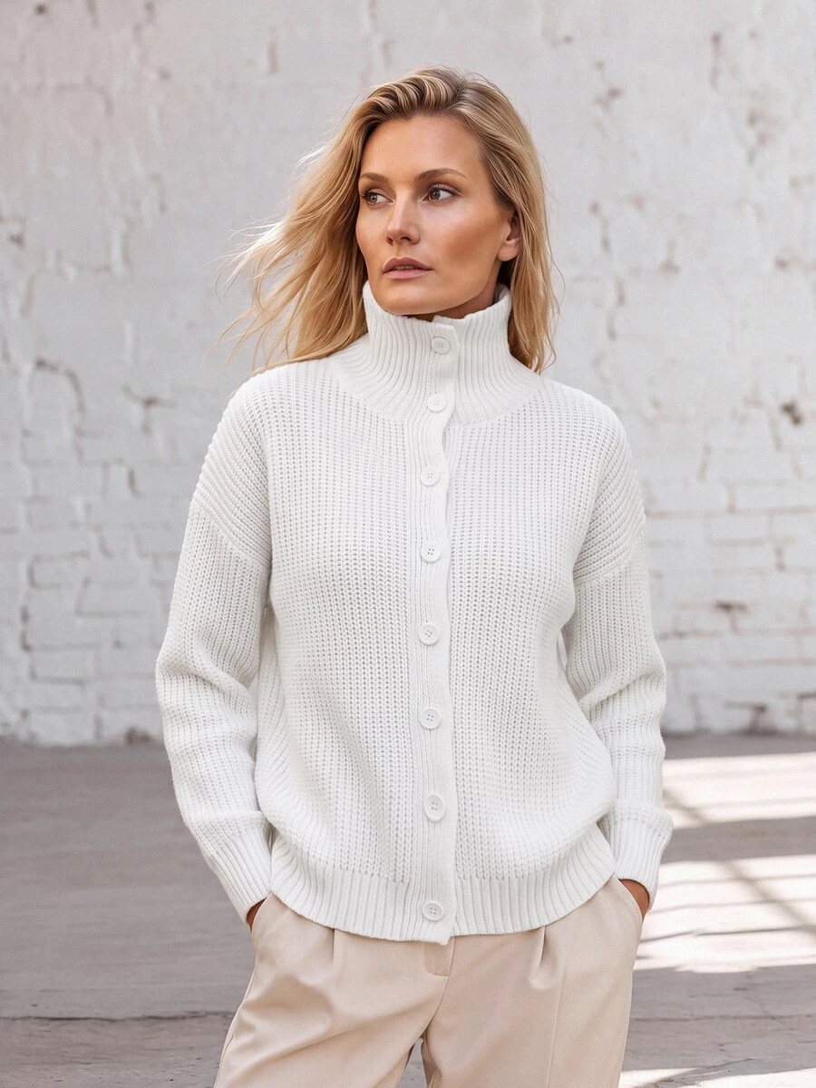 Faunlyn Cardigan Model Bahu Jatuh dengan Kancing Depan, Pakaian Musim Gugur untuk Wanita, Busana Musim Dingin untuk Wanita, Sweater Musim Gugur dan Musim Dingin untuk Wanita - Putih - View 1