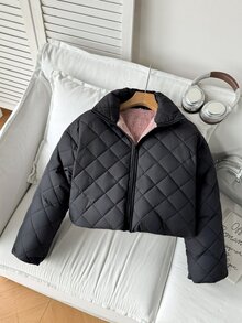 SHEIN 青少年女孩拉鍊式保暖內裡短版絎縫外套 - 黑色 - 查看 2