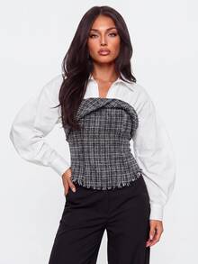 Avantive Women Blouses Shirts Night Out Brunch Office Date Night White Autumn Tweed Sexy Elegant Casual Faux-Layered Shirt - Black and White - View 6