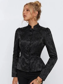 Avantive Floral Jacquard Peplum Hem Satin Jacket - Black - View 4