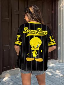 LOONEY TUNES X SHEIN 條紋與卡通圖案短袖T恤 - 白色 - 查看 4