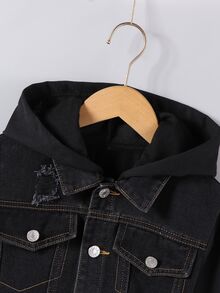 SHEIN Tween Boy 1pc Top-Stitching Flap Pocket Hooded Denim Jacket - Black - View 4