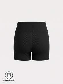 SHEIN Shorts de ciclista de punto acanalado con cintura asimétrica para niña preadolescente - Negro - Ver 5
