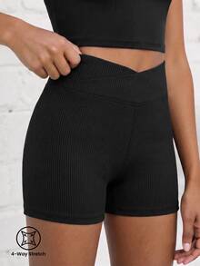 SHEIN Shorts de ciclista de punto acanalado con cintura asimétrica para niña preadolescente - Negro - Ver 1