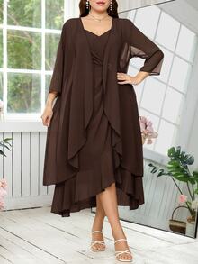 Reflora Vestido de tirantes con detalle de strass & Abrigo de frente abierto - Café integral - Ver 7