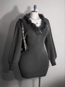 SHEIN ICON Plus Fuzzy Trim Lantern Sleeve Sweater Dress - Dark Grey - View 4