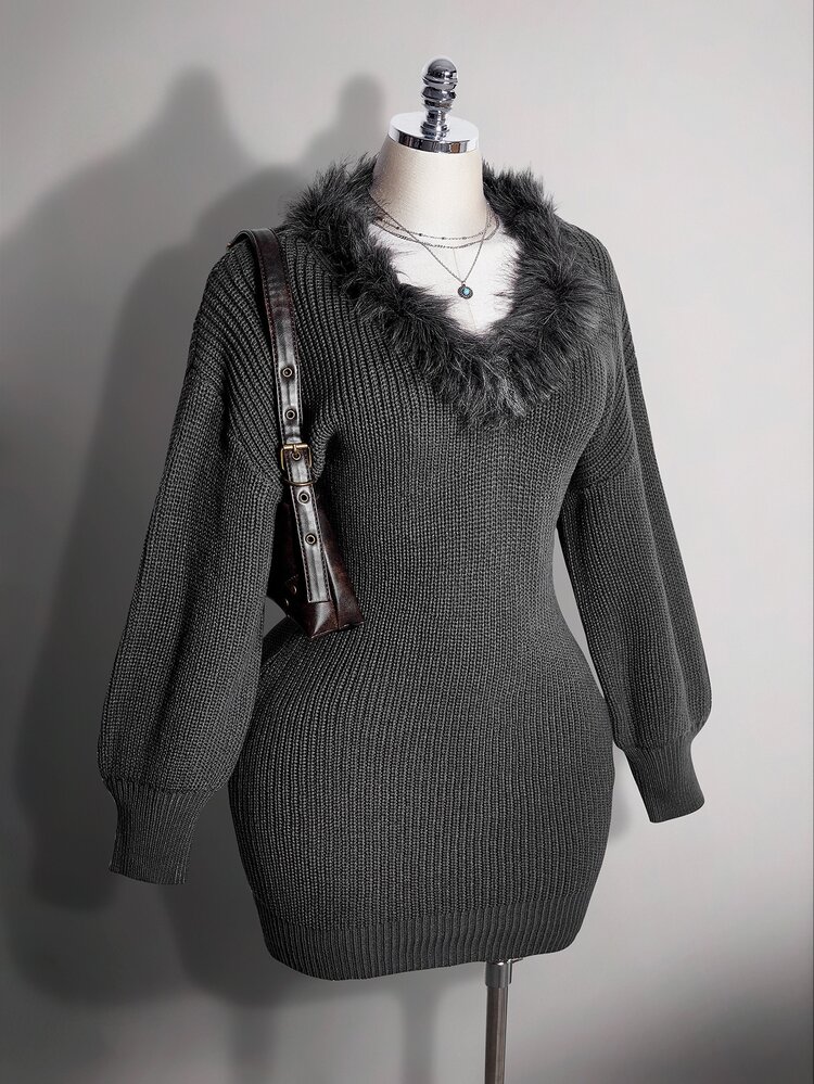 SHEIN ICON 大尺碼毛絨滾邊燈籠袖針織洋裝 - 深灰色 - 查看 4