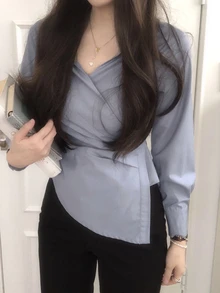 DAZY Solid Asymmetrical Hem Wrap Placket Shirt - Blue - View 5