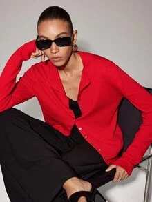 Anewsta Essential Solid Button Front Sweater - Red - View 5