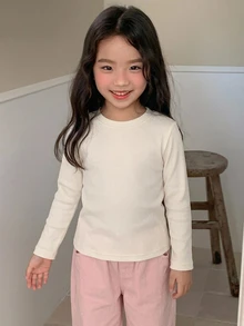 DAZY Young Girl Solid Round Neck Thermal Line Tee - Beige - View 8