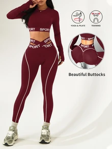 Dewbera Dewbera Seamless Letter Graphic Cut Out Waist Sports Set - Burgundy - View 1