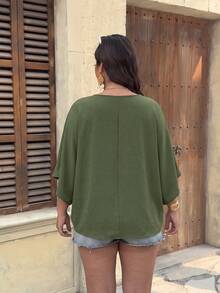 SHEIN VCAY 大尺碼花卉印花蝙蝠袖上衣 - 綠色 - 查看 2