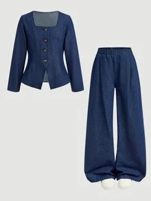 SHEIN Firerie Kids 女童（大）牛仔套裝 - 藍色 - 查看 5