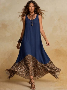 Solivie Contrast Leopard Print Ruffle Hem Tank Dress - Navy Blue - View 8