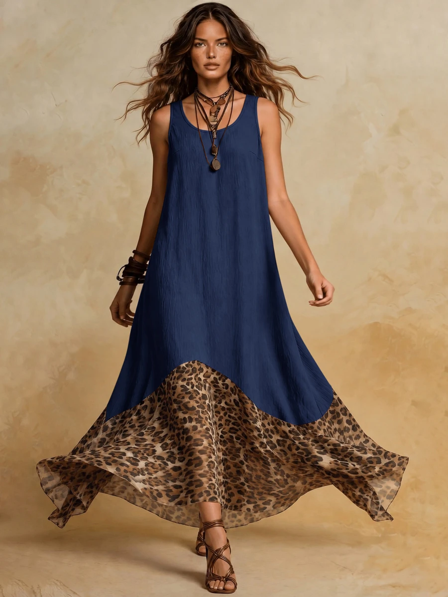 Solivie Contrast Navy Blue Print Ruffle Hem Tank Dress Vacation Summer Boho - Navy Blue - View 1