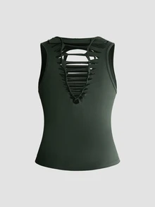 ROMWE Grunge Punk Plus Solid Cut Out Front Tank Top - Green - View 2