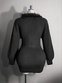 SHEIN ICON Plus Fuzzy Trim Lantern Sleeve Sweater Dress - Dark Grey - View 2