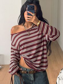 Coolane Contrast Striped Print Asymmetrical Neck Tee - Burgundy - View 3