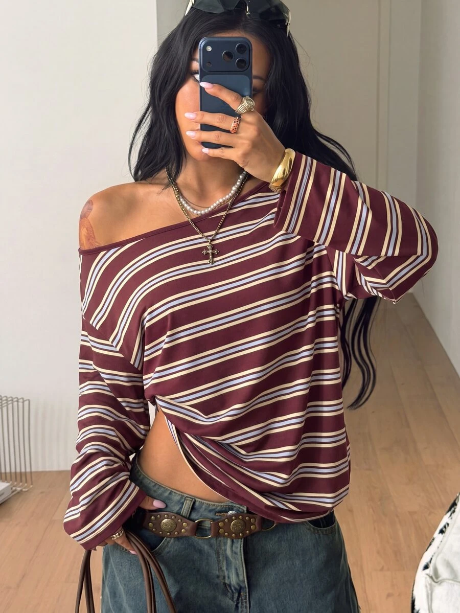 Coolane Contrast Striped Print Asymmetrical Neck Tee - Burgundy - View 1