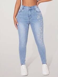 SHEIN PETITE Jeans pitillo de cintura alta con patrón de mariposa de strass - Azul - Ver 3