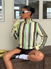 Muchica Green Chocolate Brown Print Zip Up Sweatshirt Travel Fall Streetwear - Multicolor - View 5