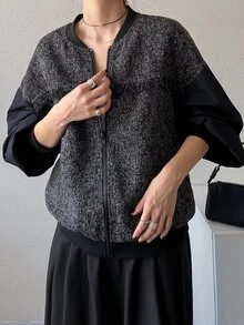 FRIFUL Gray Print Drop Shoulder Bomber Jacket Office Business Autumn Casual Elegant - Grey - View 6