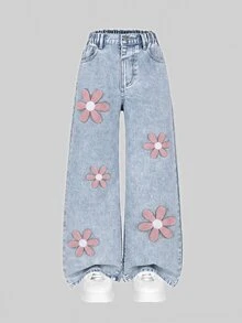 SHEIN ChillGRL Tween Girl Floral Patched Wide Leg Jeans - Blue - View 4