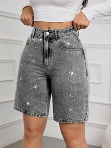 SHEIN Tall 水鑽裝飾牛仔短褲 - 淺灰色 - 查看 6