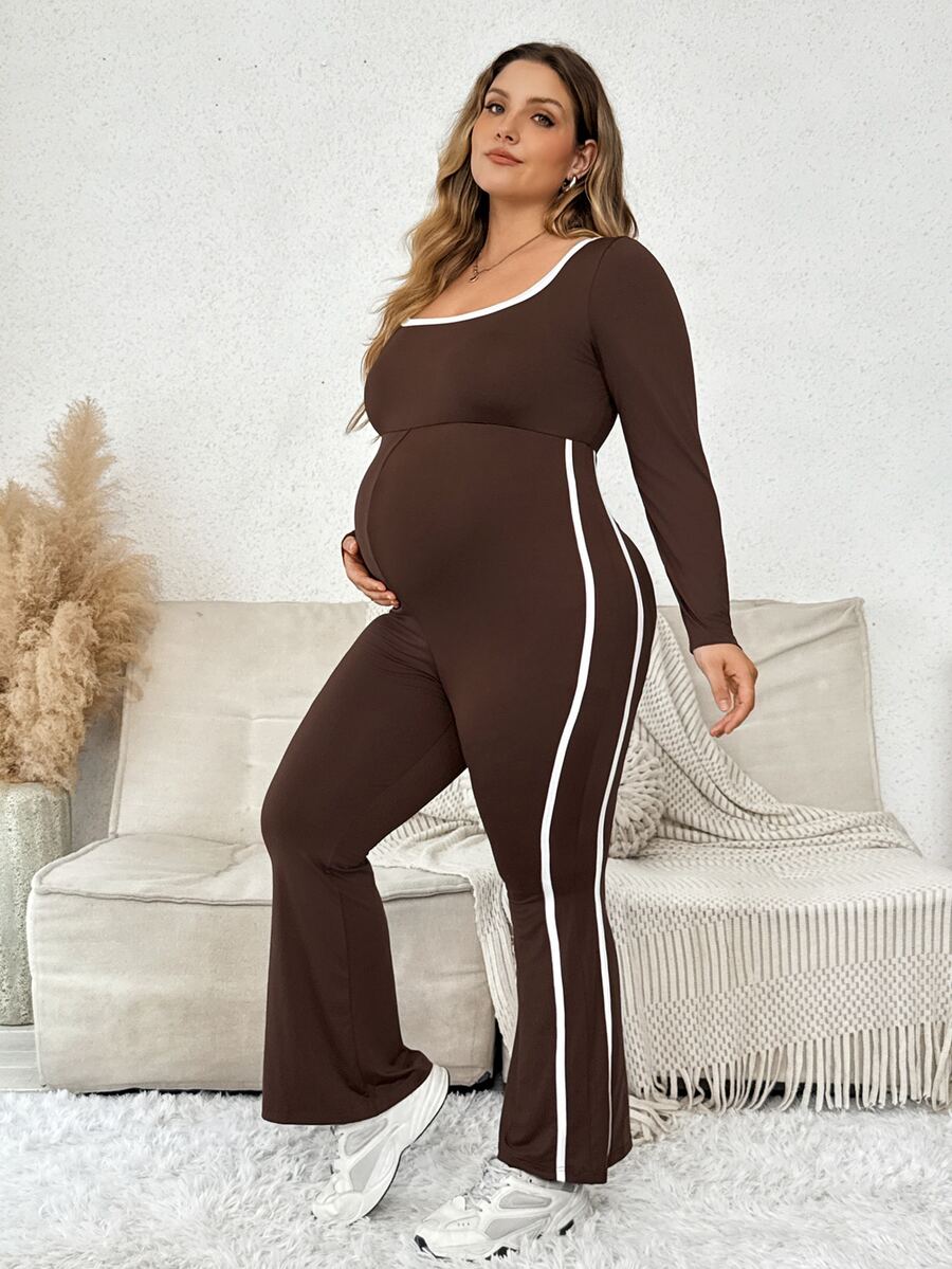 Plussiva 大尺碼孕婦對比包邊喇叭褲腳連身褲 - 棕色 - 查看 1