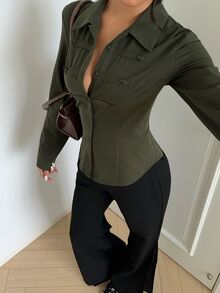 Aloruh Solid Long Sleeve Button Front Slim Fit Shirt - Army Green - View 7