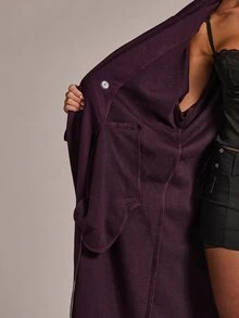 SHEIN BAE Lapel Neck Double Breasted Belted Overcoat - Red Violet - View 8