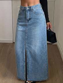 Livesso Split Thigh Denim Skirt Fall - Light Wash - View 5