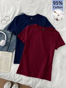 Tseoso 2pcs Solid Round Neck Short Sleeve Tee - Multicolor - View 10