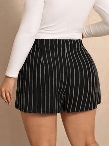 Elaquor Rok celana pendek motif garis-garis dengan detail pita berlian imitasi dan hem asimetris. - Hitam - View 2