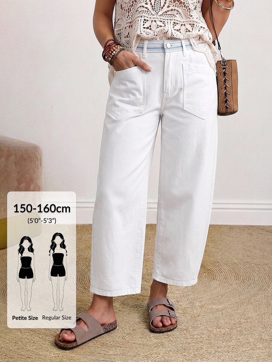 SHEIN PETITE High Waist Straight Leg Jeans - White - View 1