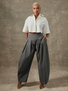 Vixey Solid Slant Pocket Fold Pleated Tapered Pants - Grey - View 3