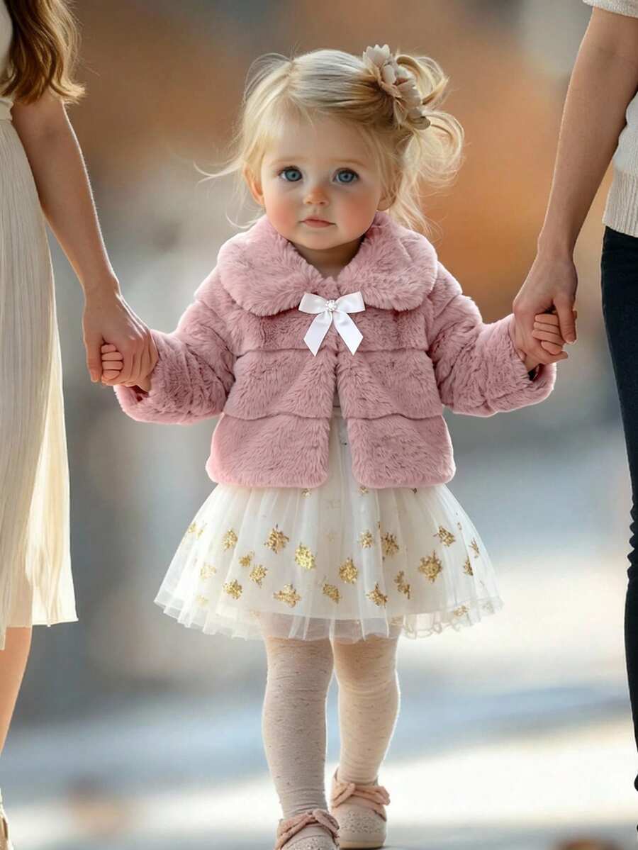 SHEIN Baby Girl Bow Front Peter Pan Collar Teddy Coat - Pink - View 1