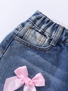 SHEIN Tween Girl Bow Front Ripped Wide Leg Jeans - Dark Wash - View 5
