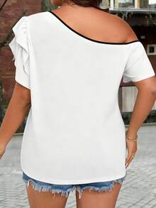 EMERY ROSE Plus Size Asymmetrical Neck Ruffle Trim Contrast Binding Tee - White - View 2