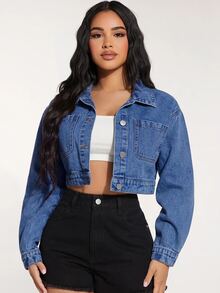 Slaydiva Jaket Denim Crop dengan Bahu Jatuh - Biru - View 3